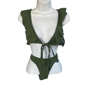Zaful Olive Green Two Piece Bikini with Ruched Bottoms